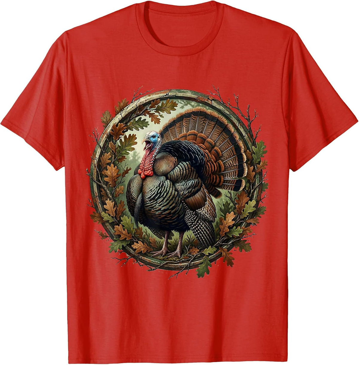 Men's Gobbling Turkey Camo Brush Hunting Design T-Shirt - Red