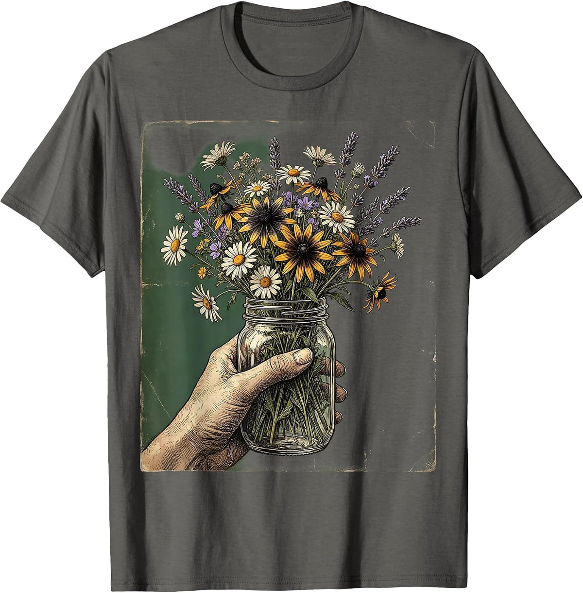 Country Music Wildflower Mason Jar Graphic Tee T-Shirt - Asphalt Grey