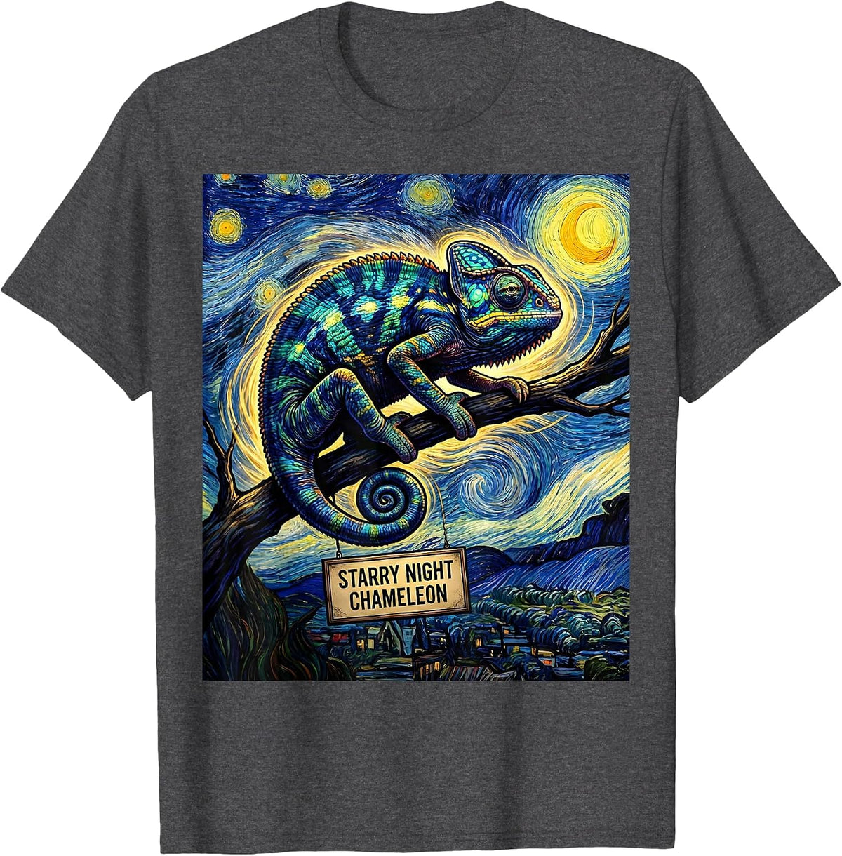 Men's Starry Night Chameleon Comic Book Van Gogh Art Lover T-Shirt - Dark Heather Grey