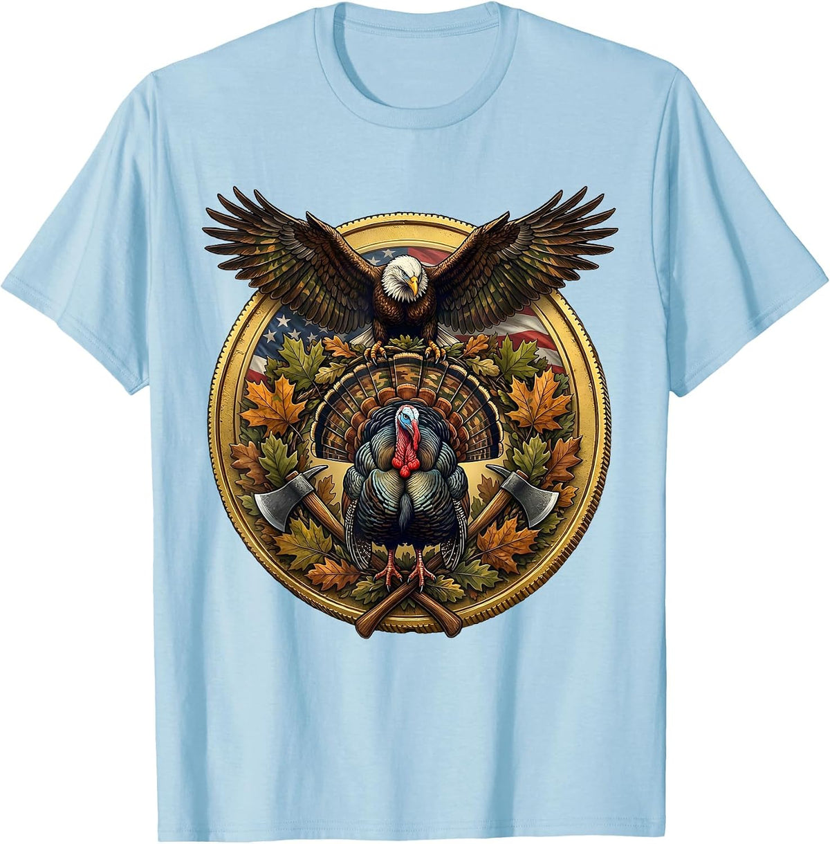 Men's Turkey Strutting Camo Leaf Scatter Hunting Design T-Shirt - Baby Blue