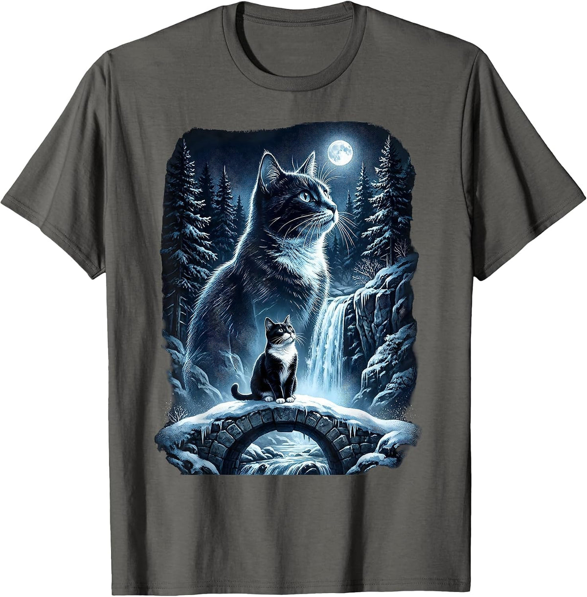 Tuxedo Cat Howling at Moon 90's Retro T-Shirt - Asphalt Grey