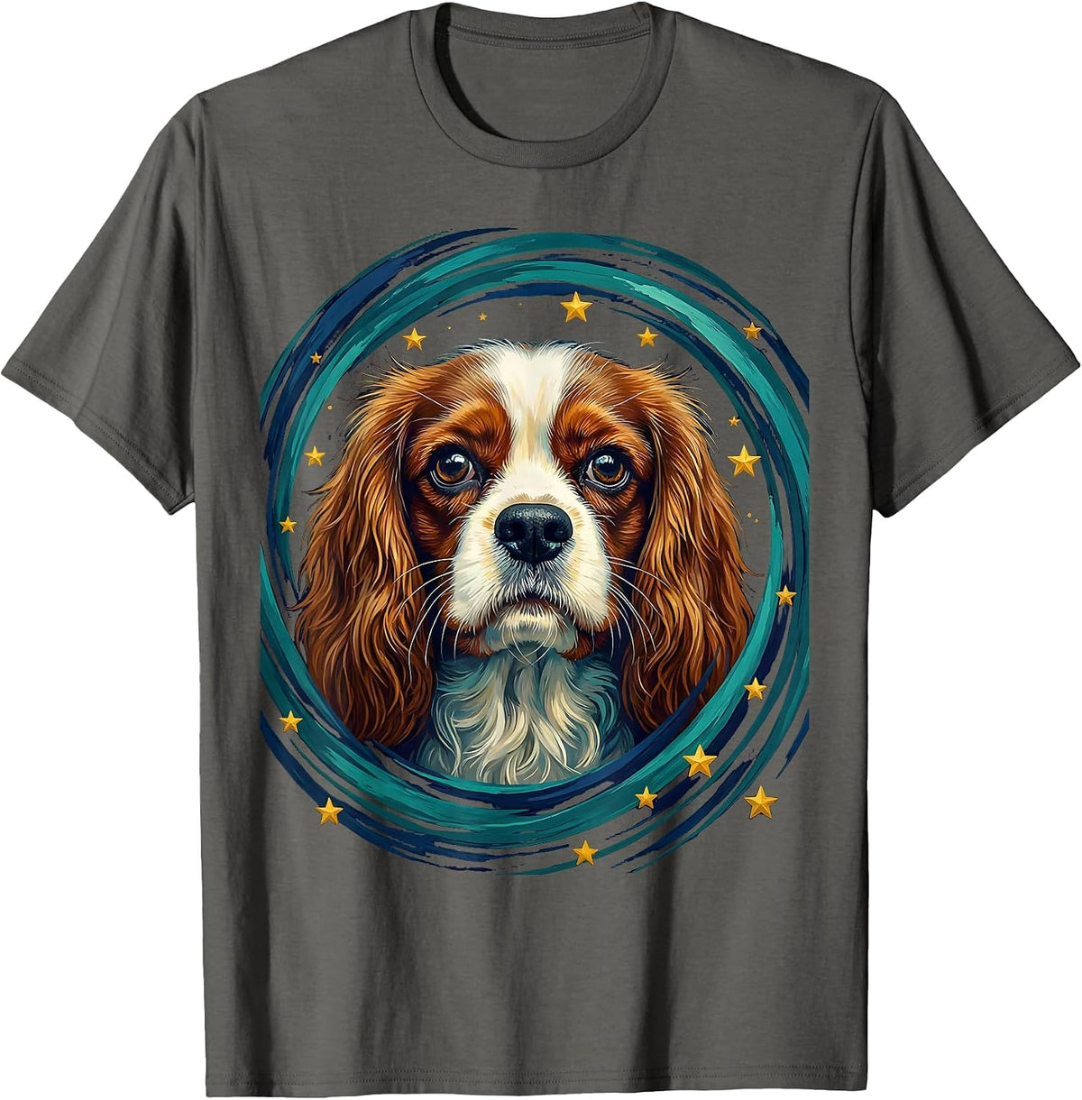 Cavalier King Charles Spaniel Van Gogh Starry Night Portrait T-Shirt - Asphalt Grey