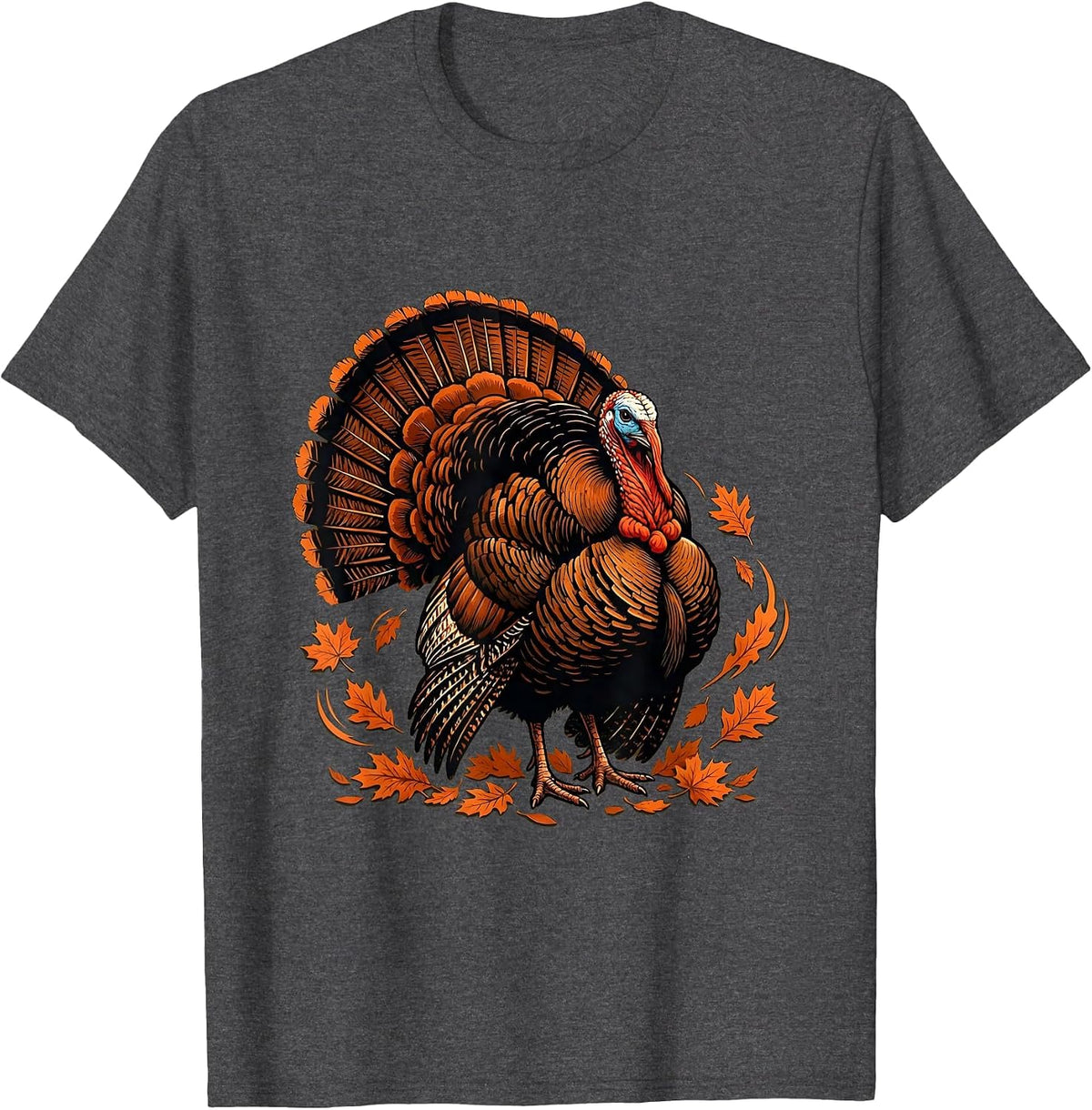 Wild Turkey Strutting Through Autumn Leaves T-Shirt - Dark Heather Grey