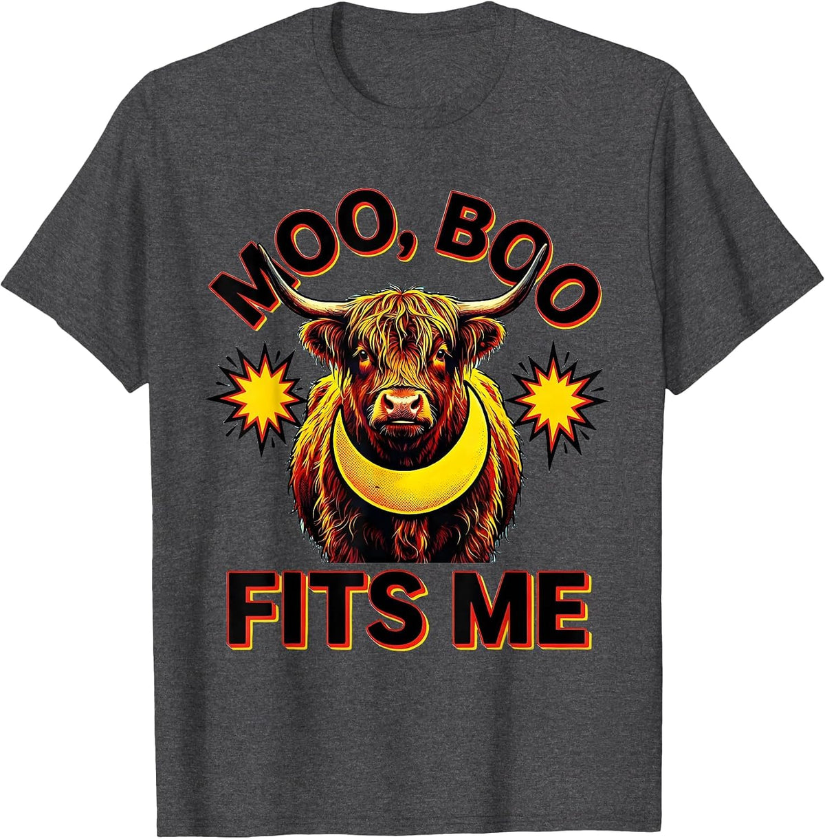 Moo, Boo Fits Me Pop Art Highland Cow Halloween Costume T-Shirt - Dark Heather Grey