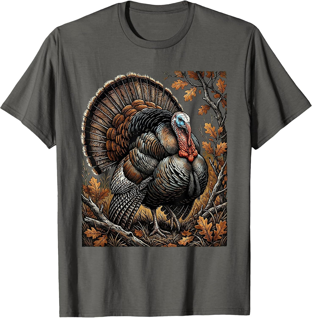 Men's Turkey Strutting Autumn Camo Illustration T-Shirt - Asphalt Grey