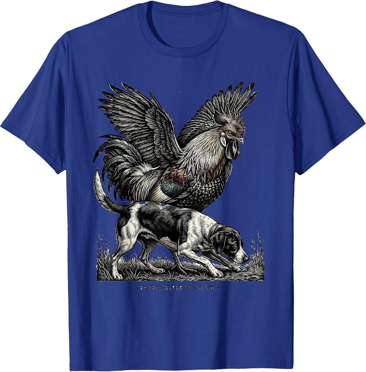 Men's Sworn Keeper Of The Limit Woodcut Engraving Pheasant Hunter T-Shirt - Royal Blue