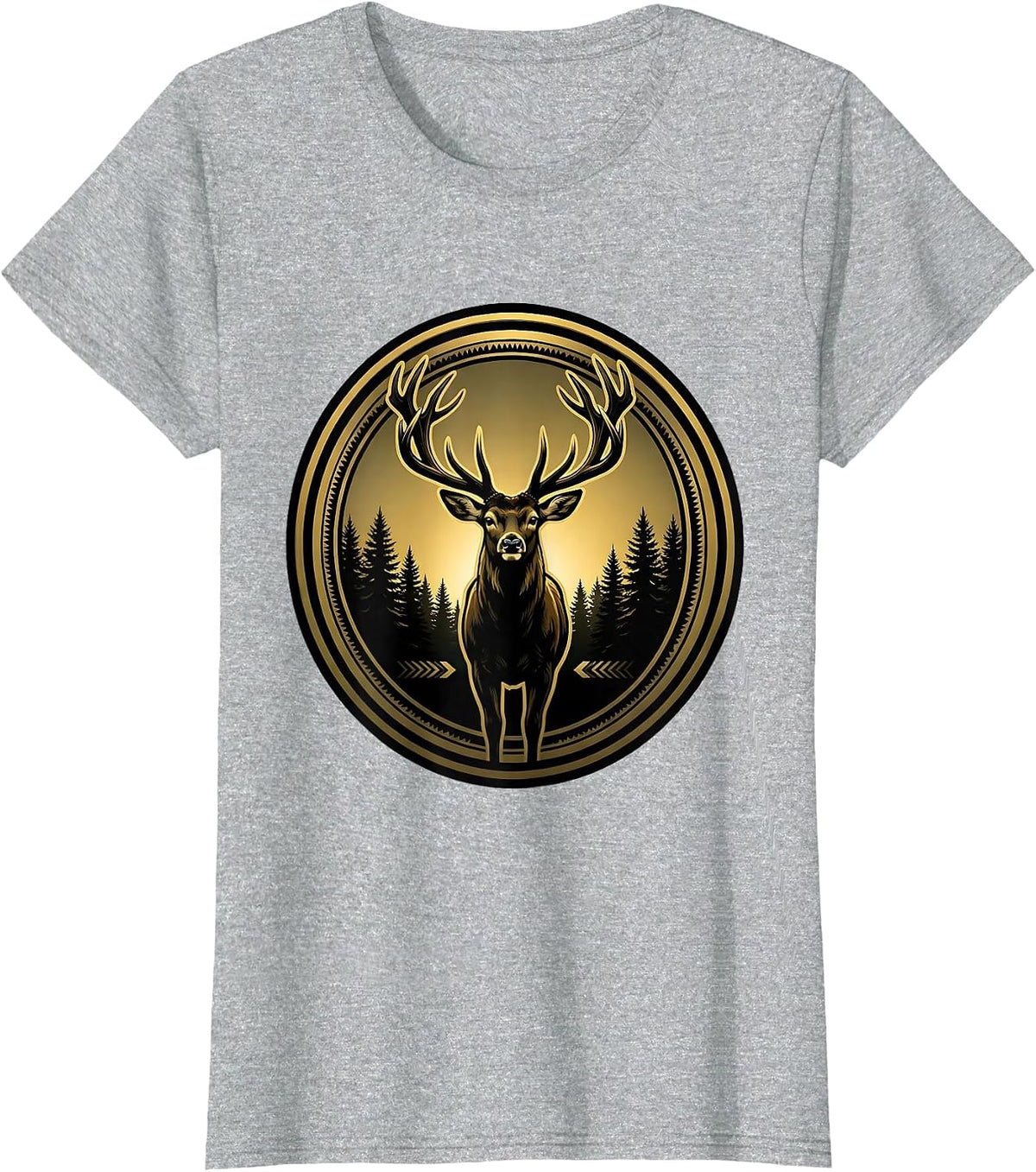 Buck Deer Silhouette Dawn Treeline Hunting Design T-Shirt - Heather Grey