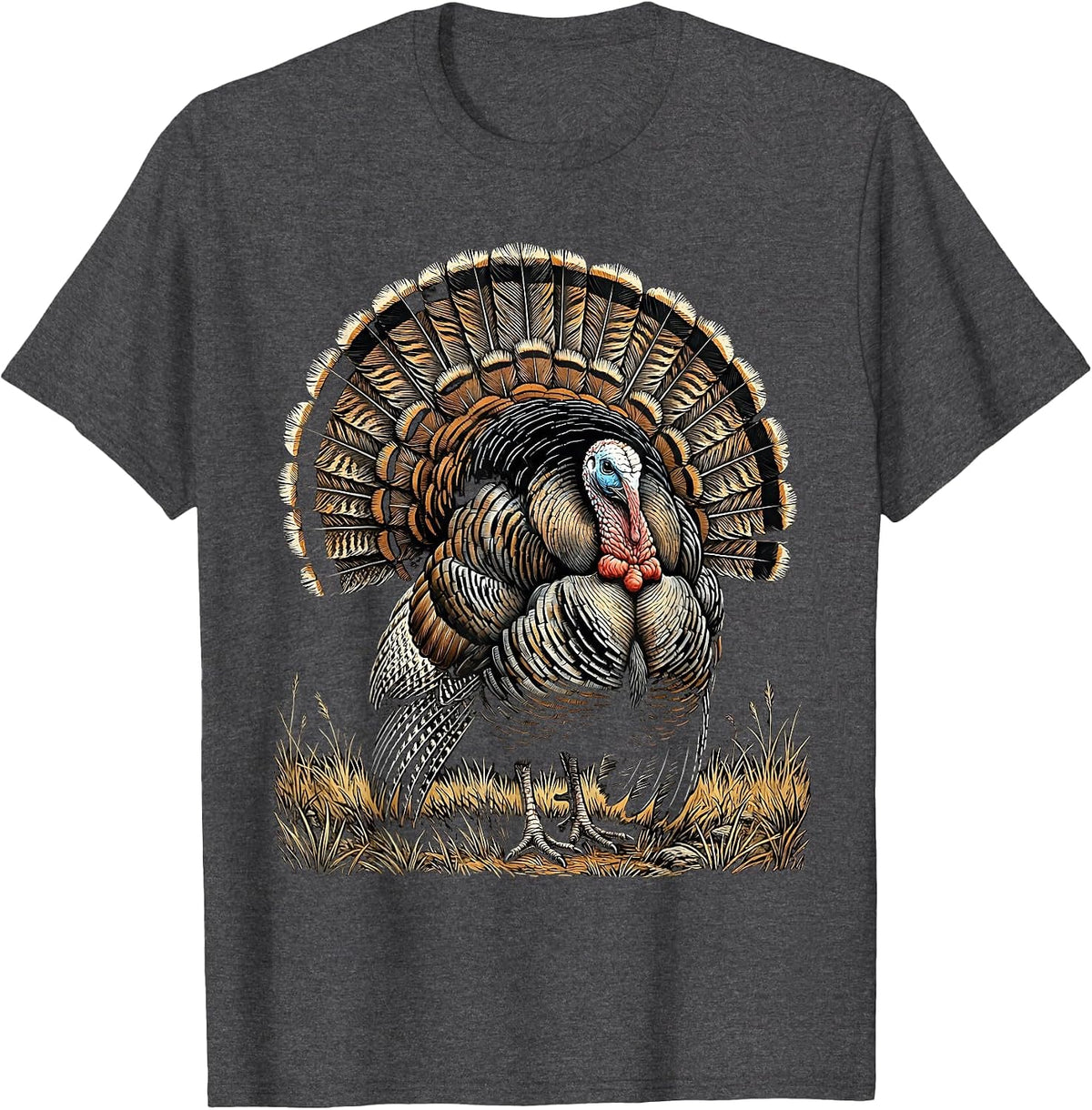 Turkey Feathers Full Strut Illustration T-Shirt - Dark Heather Grey