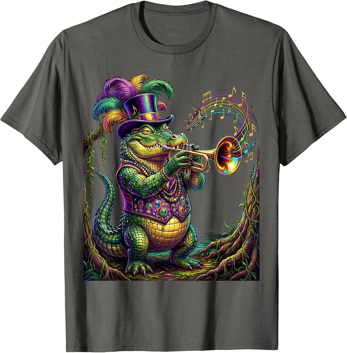 Men's Mardi Gras Jazz Crocodile Swamp Illustration T-Shirt - Asphalt Grey