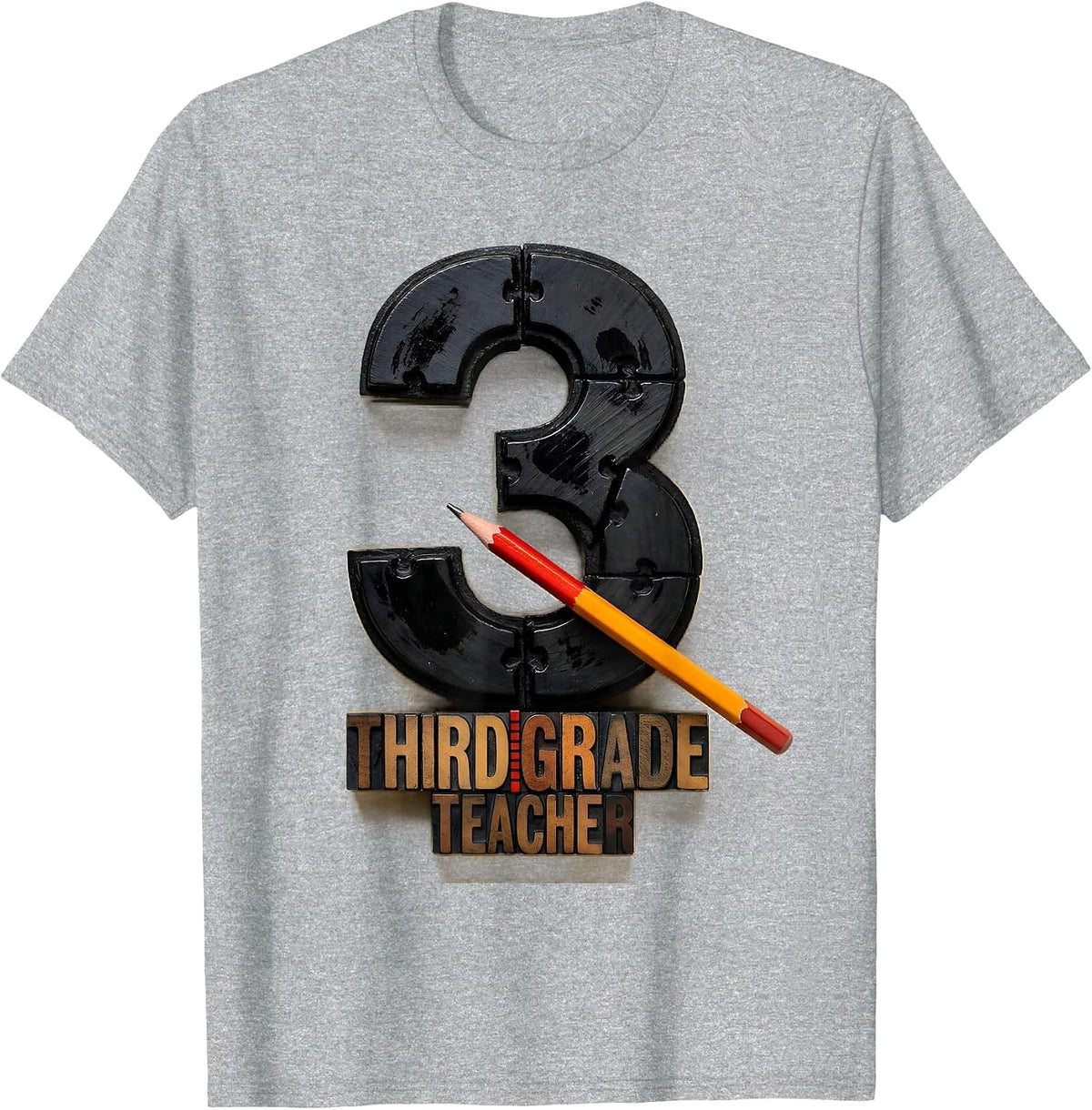 Men's Third Grade Teacher Wood Type Letterpress Back To School T-Shirt - Heather Grey