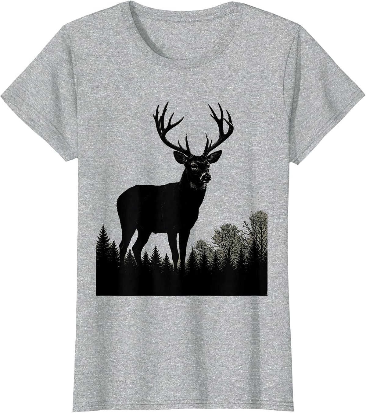 Buck Deer Silhouette Misty Treeline Hunting Design T-Shirt - Heather Grey