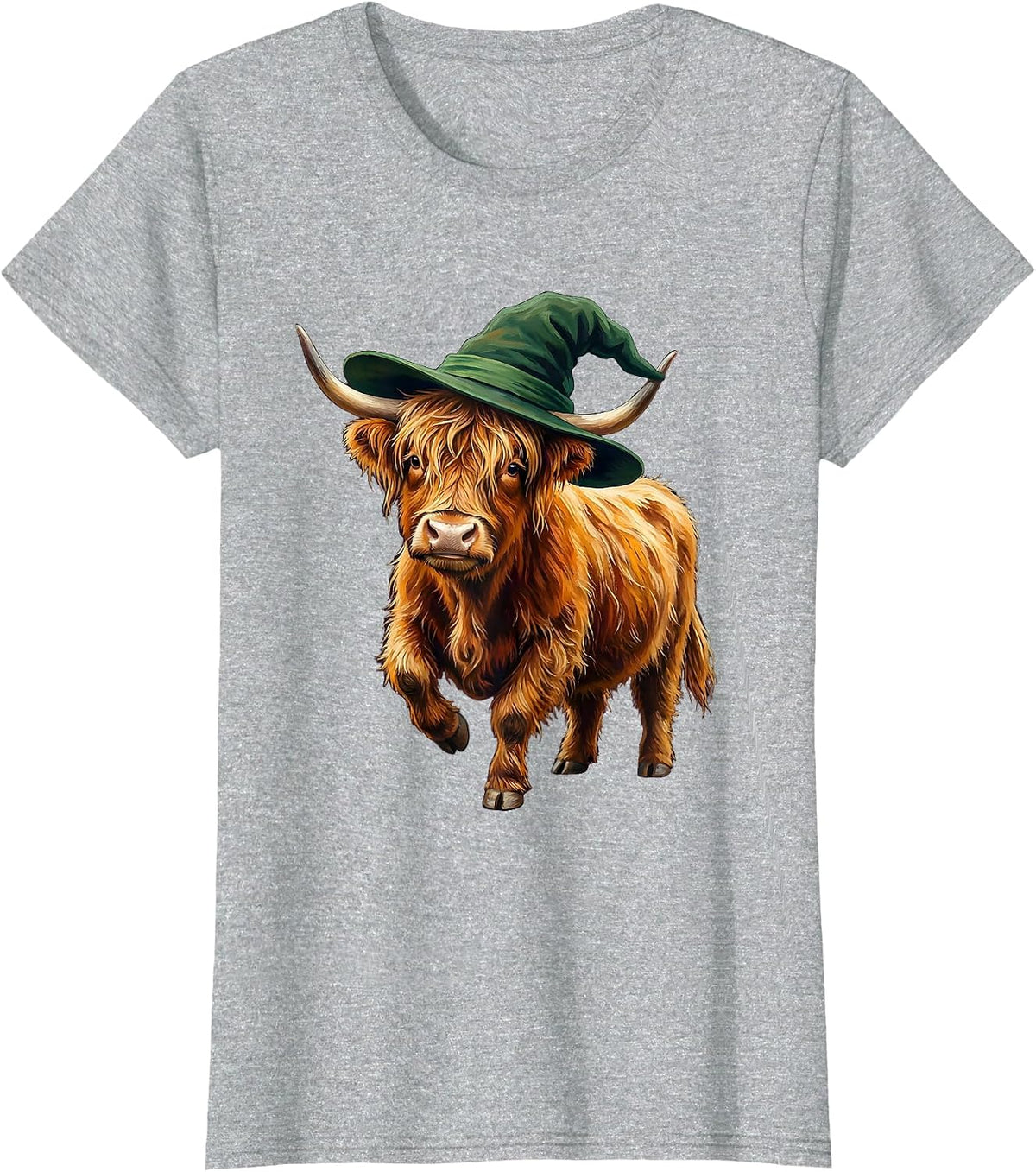 Soft Highland Cow Witch Halloween Storybook Humor T-Shirt - Heather Grey