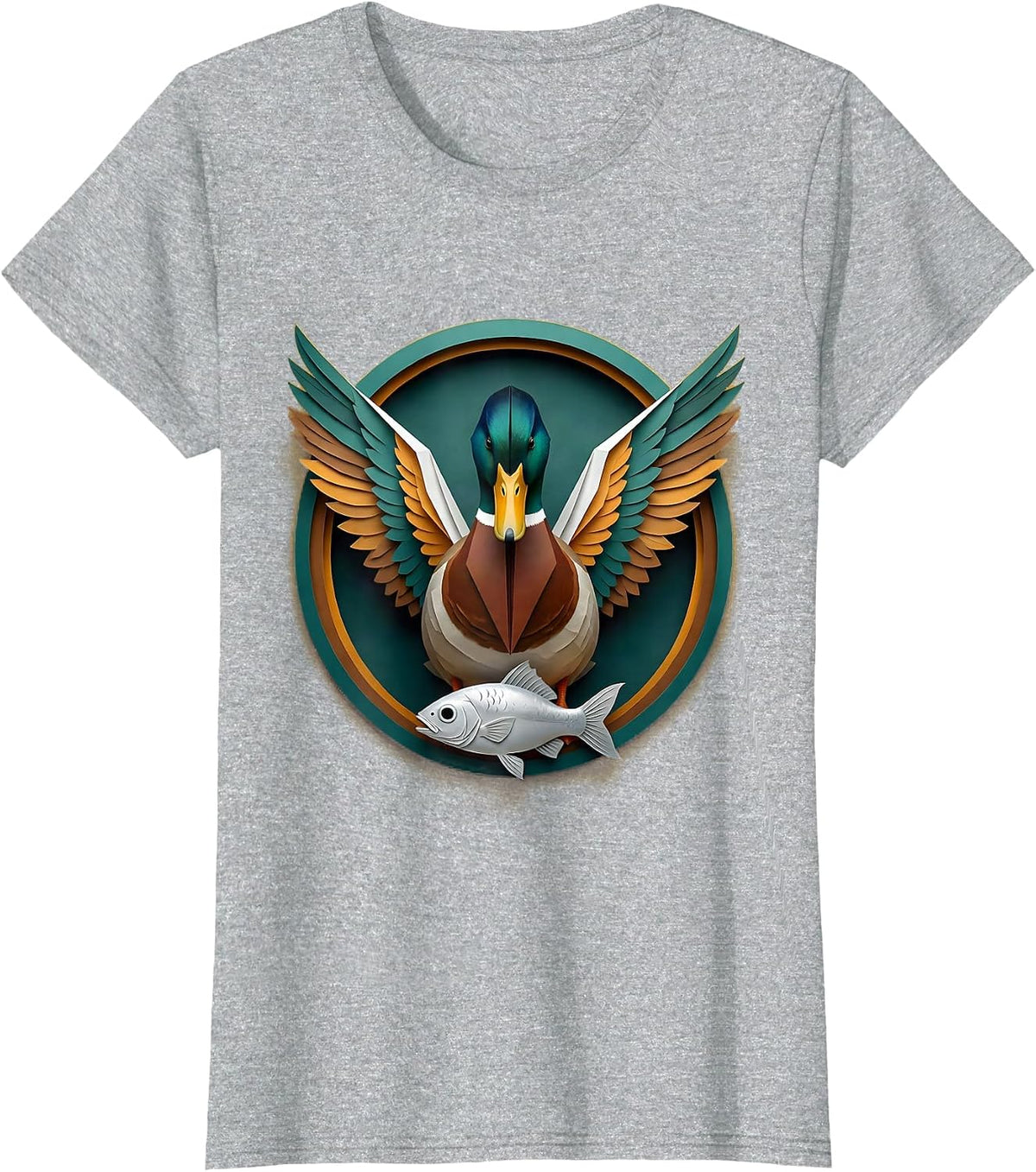 Duck With Wings Spread Catching Fish Illustration T-Shirt - Heather Grey
