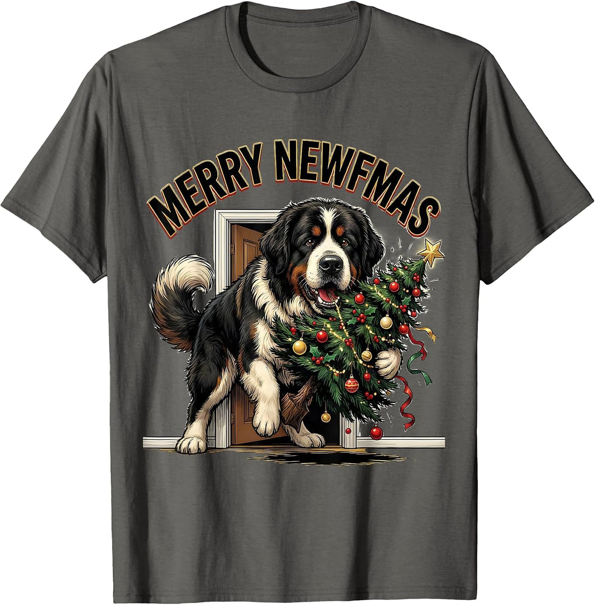 Men's Merry Newfmas Cartoon Newfoundland Dog Christmas Pajama T-Shirt - Asphalt Grey