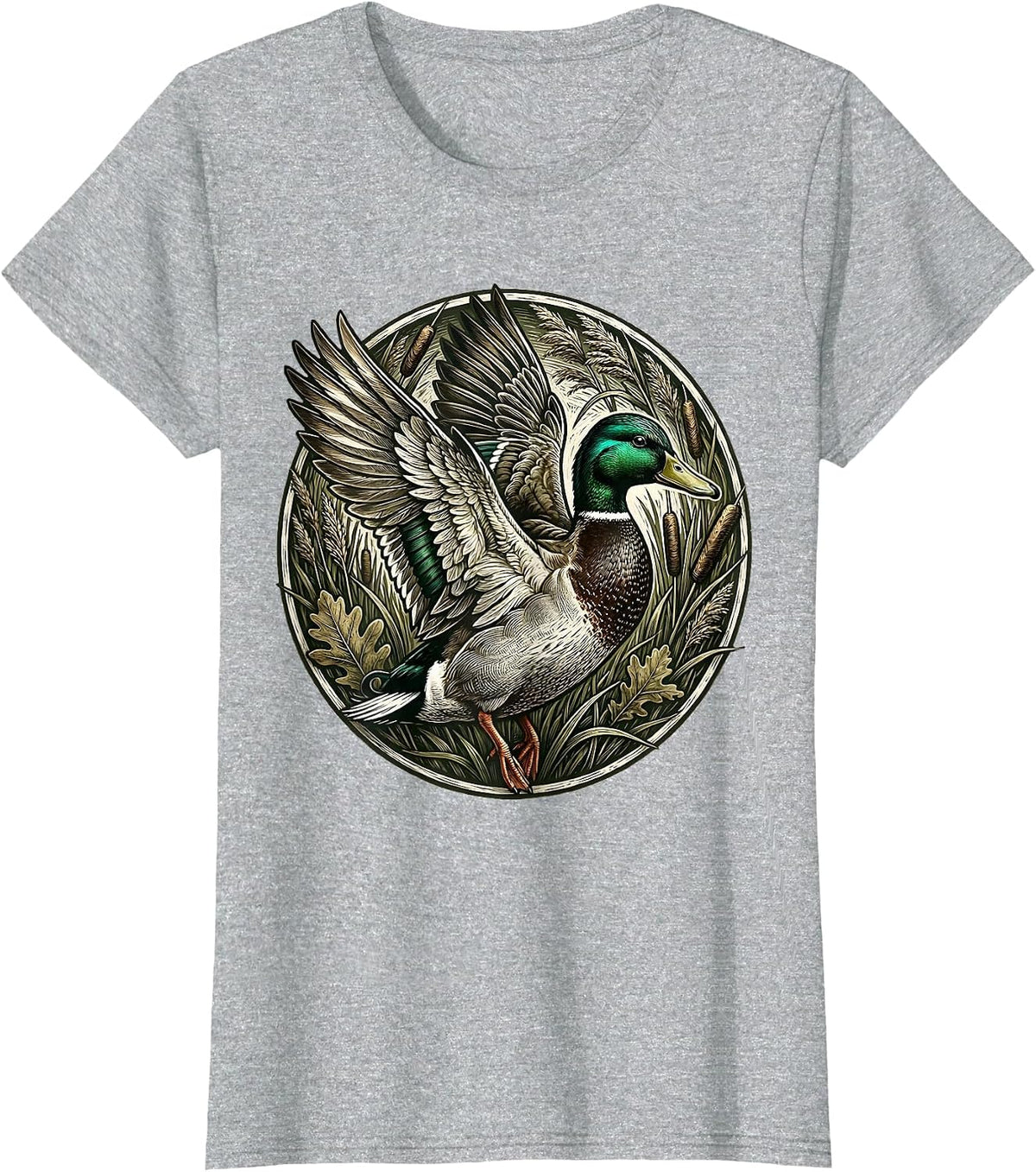 Mallard Duck Bursting Through Camo Foliage T-Shirt - Heather Grey