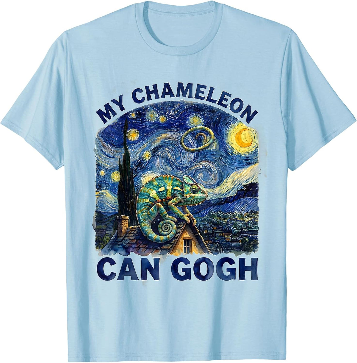 Men's My Chameleon Can Gogh Whimsical Art Parody Cat Lover Gift T-Shirt - Baby Blue