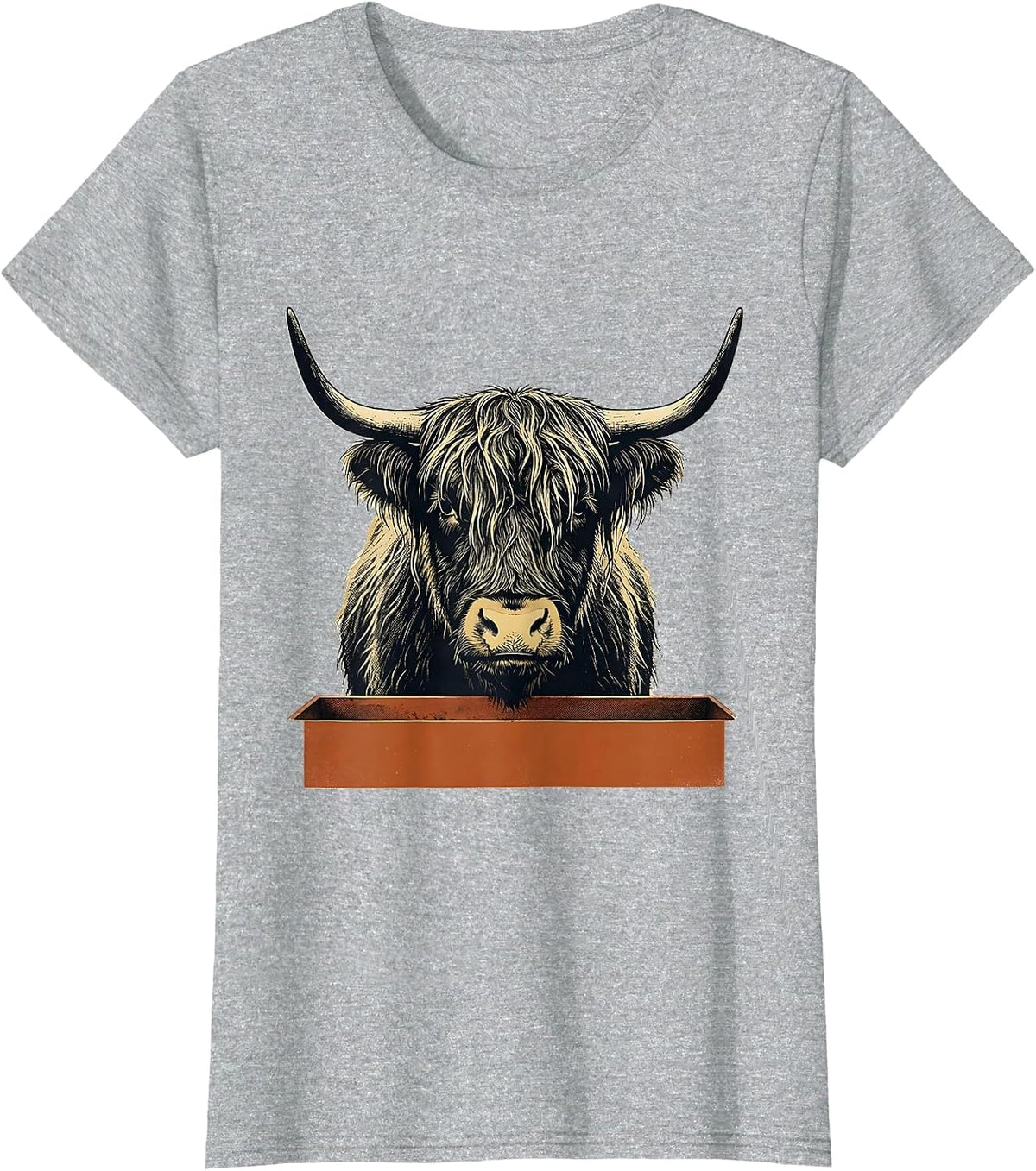 Women's Highland Cow Screenprint Poster Farm Humor Rural T-Shirt - Heather Grey