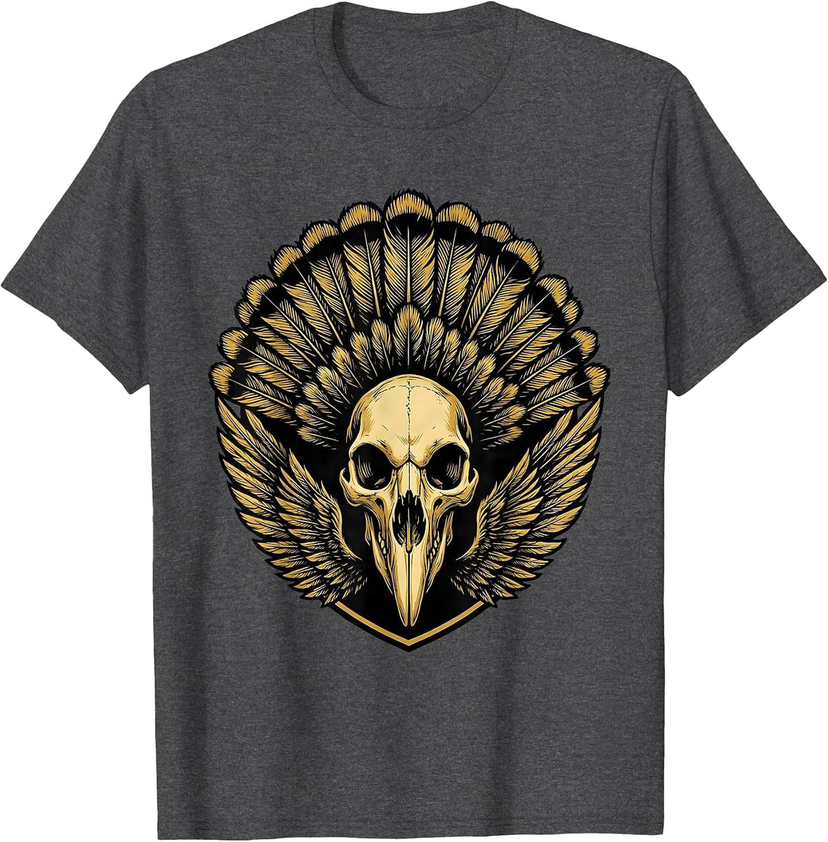 Turkey Skull with Feather Headdress Illustration T-Shirt - Dark Heather Grey