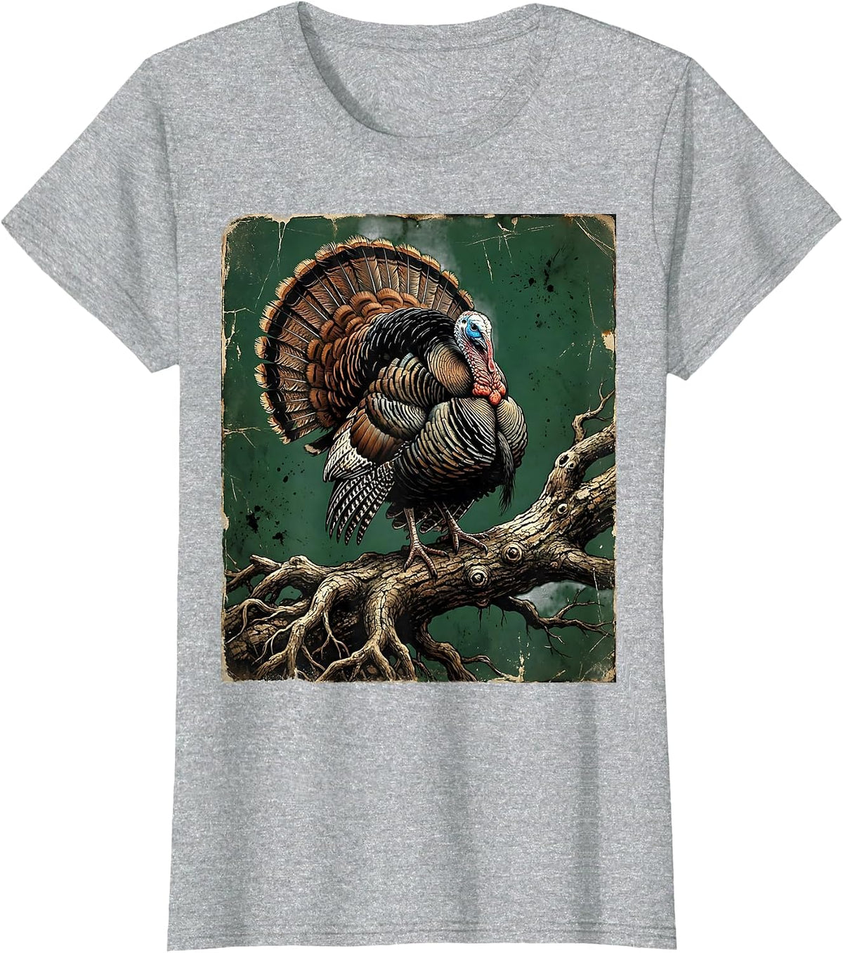 Women's Wild Turkey Perched on Gnarled Oak Branch T-Shirt - Heather Grey