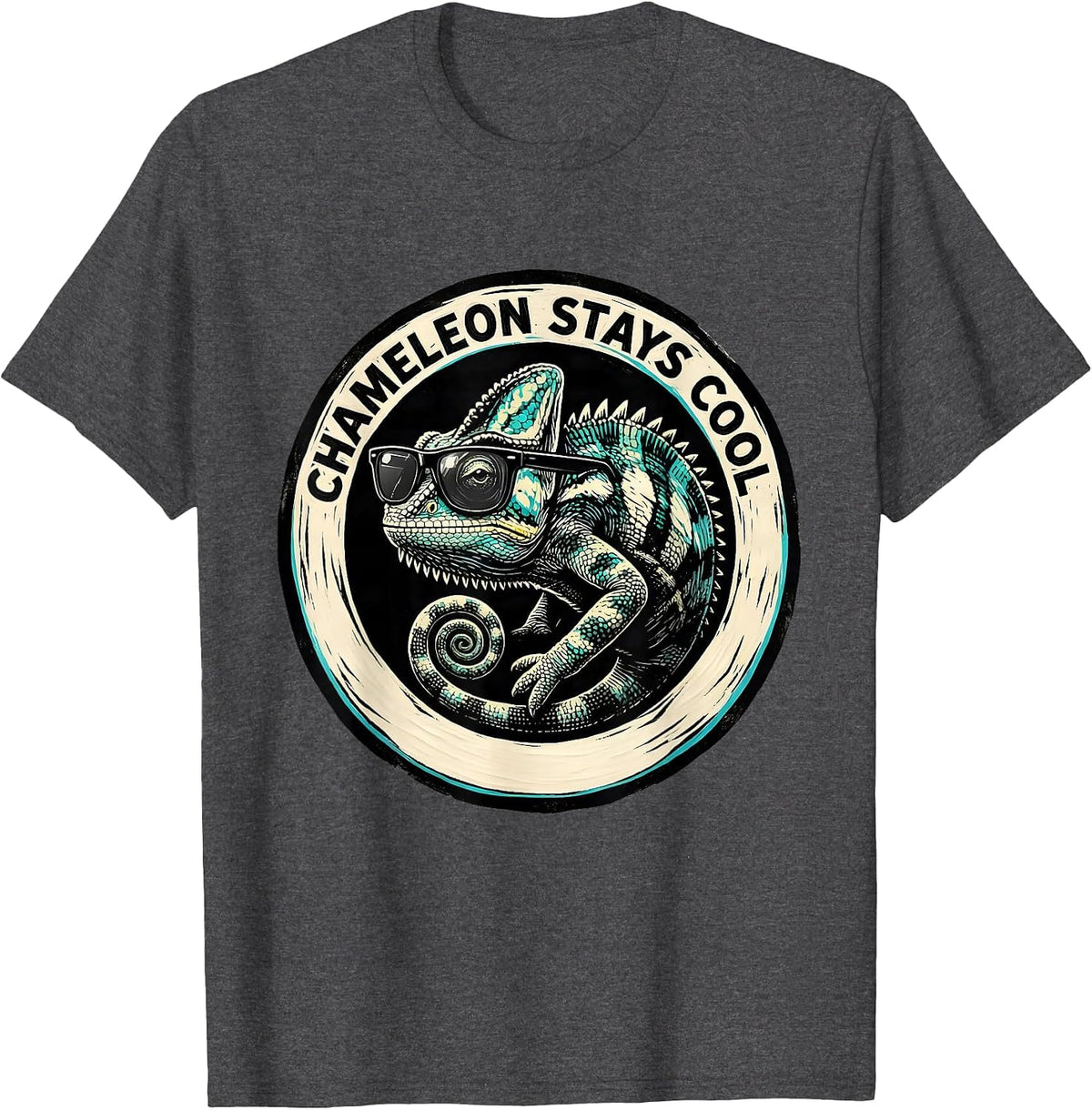 Chameleon Stays Cool Linocut Funny Animal Lover Novelty T-Shirt - Dark Heather Grey