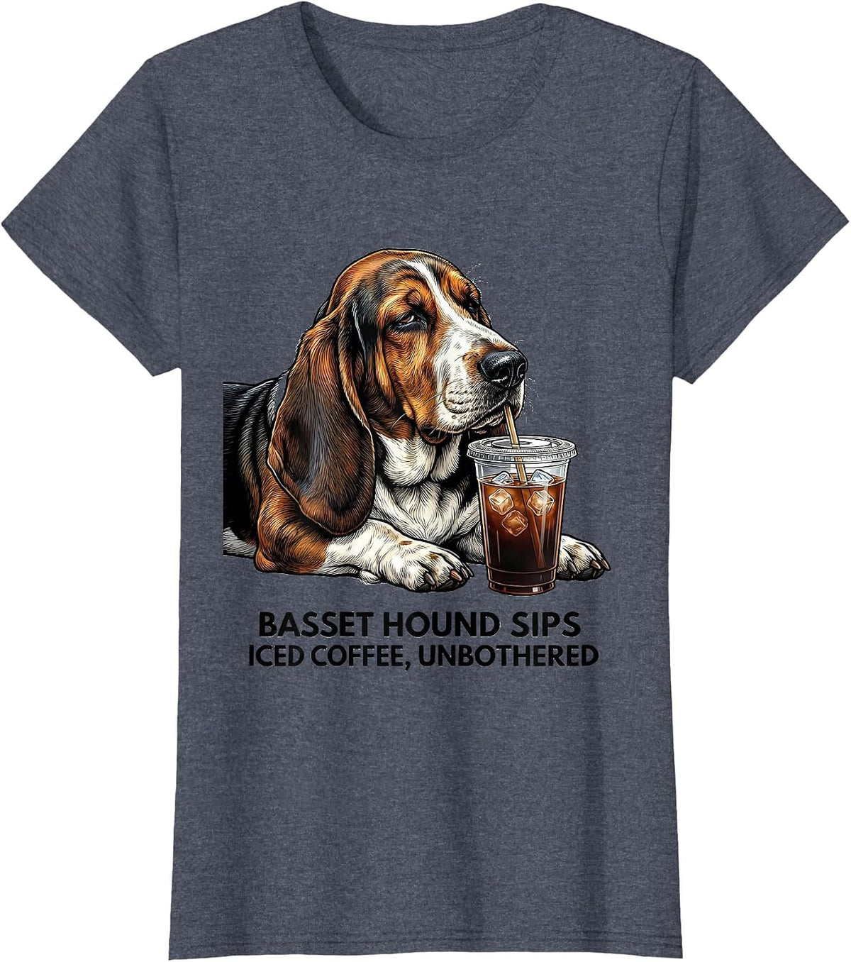 Basset Hound Sips Iced Coffee, Unbothered Funny T-Shirt, Women, Heather Blue, X-Large - As Pictured