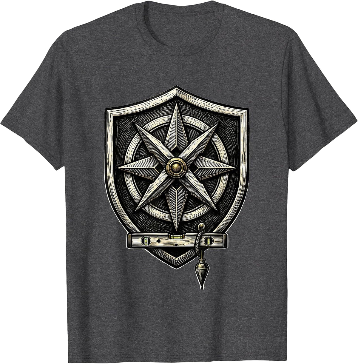 Men's Shield Engraved Freemason Square And Compass Brotherhood T-Shirt - Dark Heather Grey