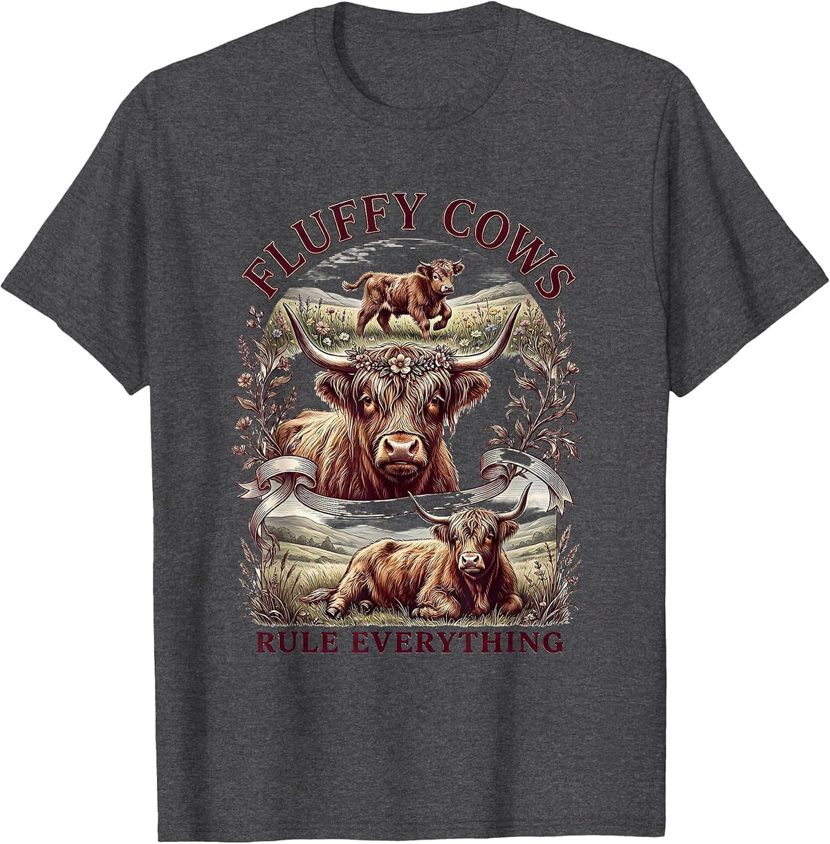 Fluffy Cows Rule Everything Highland Cow Design T-Shirt - Dark Heather Grey