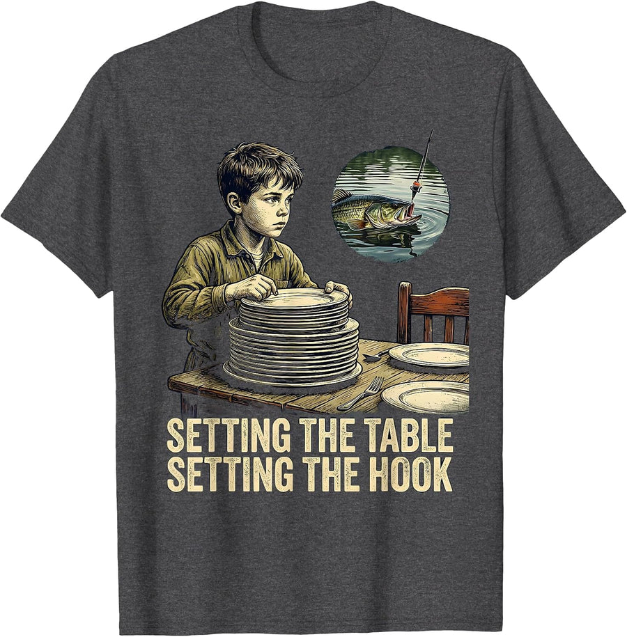 Men's Setting The Table Setting The Hook Vintage Bass Fishing T-Shirt - Dark Heather Grey