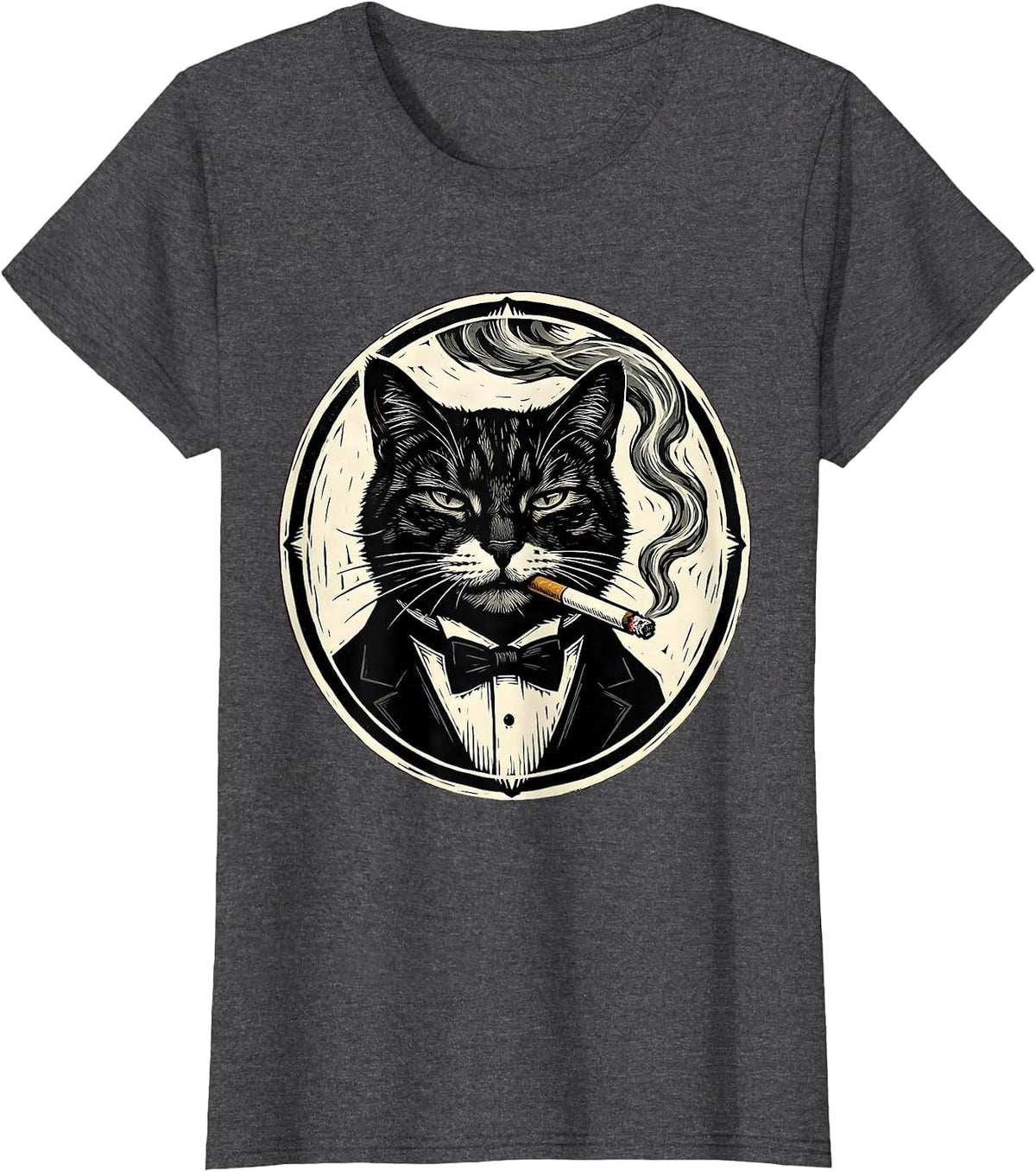 Women's Tuxedo Cat Smoking a Smoke Ring Illustration T-Shirt - Dark Heather Grey