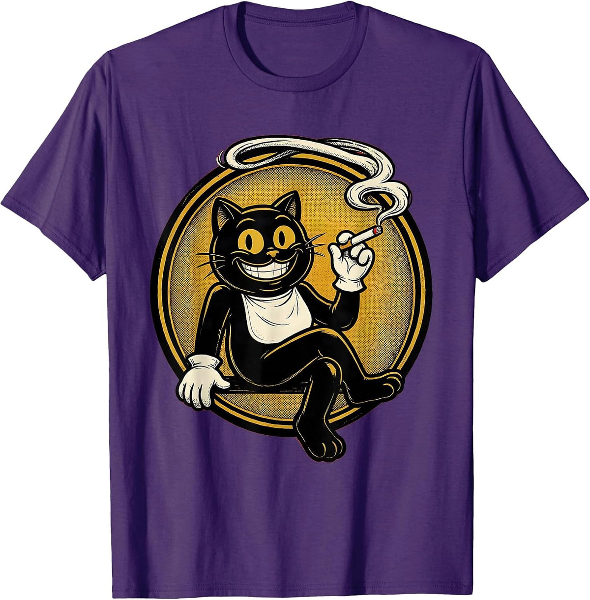 Tuxedo Cat Smoking Cigarette Smoke Ring Art T-Shirt - Purple