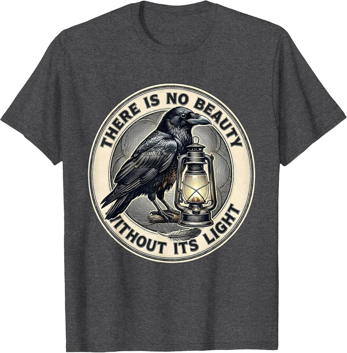 Men's There Is No Beauty Without Its Light Gothic Literary Raven T-Shirt - Dark Heather Grey