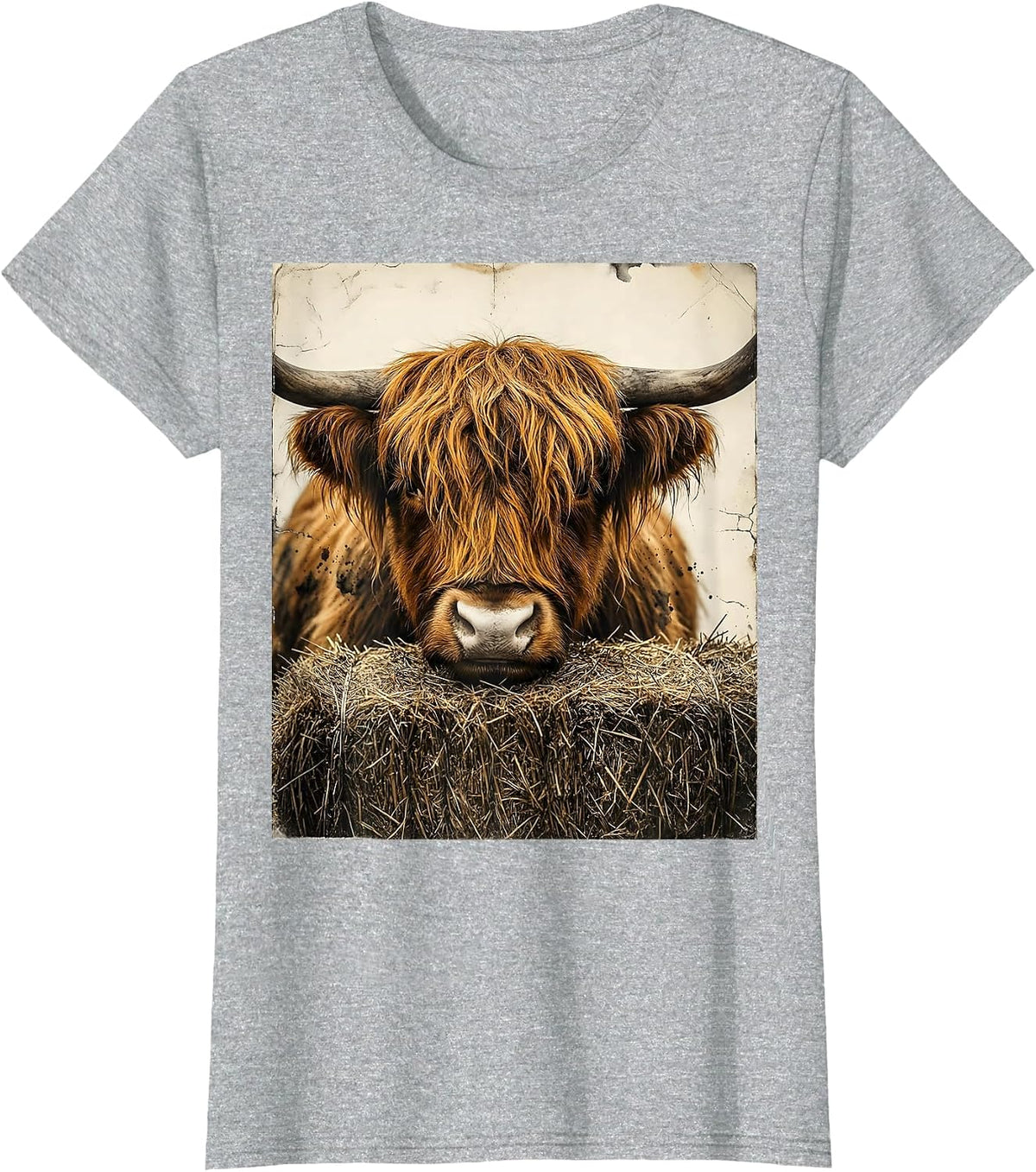 Shaggy Highland Cow Distressed Farm Animal Humor T-Shirt - Heather Grey