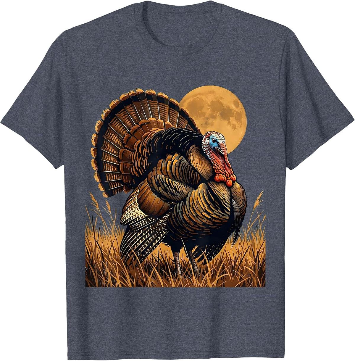 Wild Turkey Strutting Through Tall Grass Fall Art T-Shirt - Heather Blue
