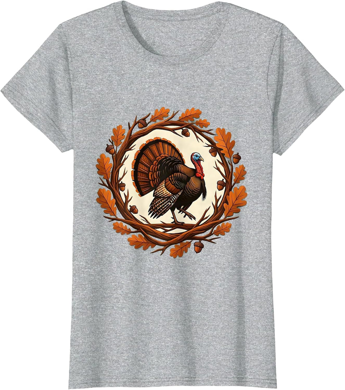 Camo Turkey Striding Through Autumn Oak Leaves T-Shirt - Heather Grey