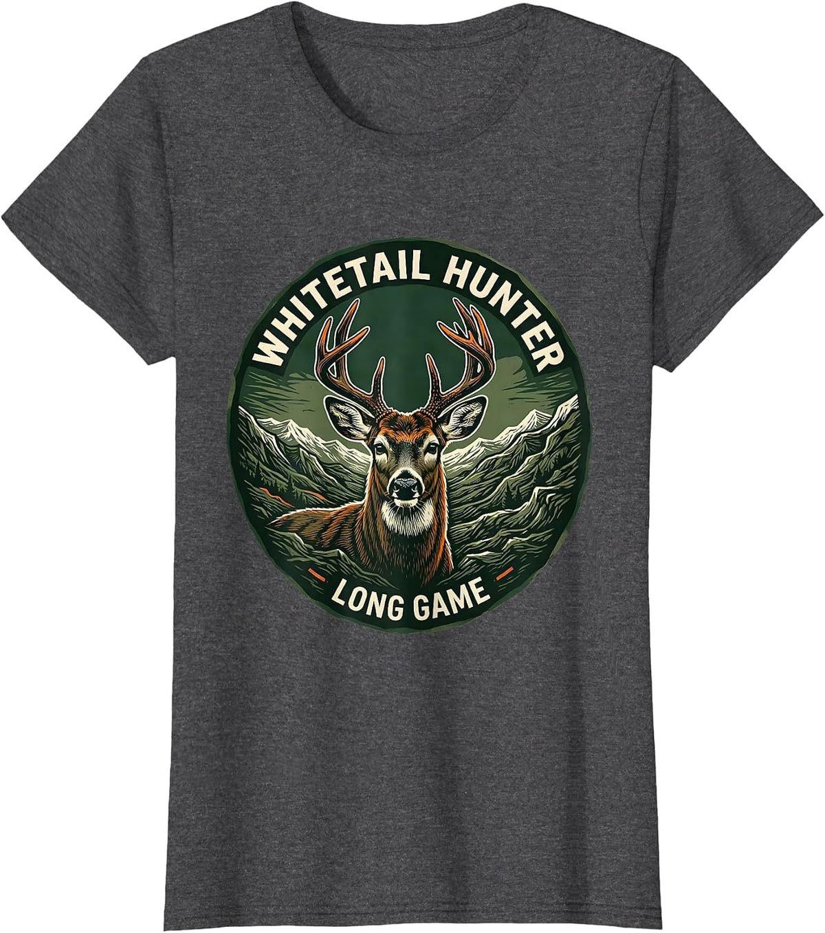 Women's Whitetail Hunter Long Game Linocut Camo Dad Hunting T-Shirt - Dark Heather Grey