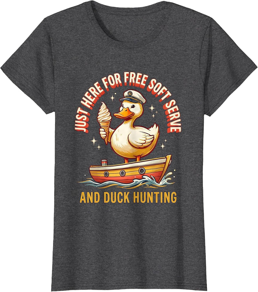 Women's Just Here For Free Soft Serve And Duck Hunting Funny Cruise T-Shirt - Dark Heather Grey