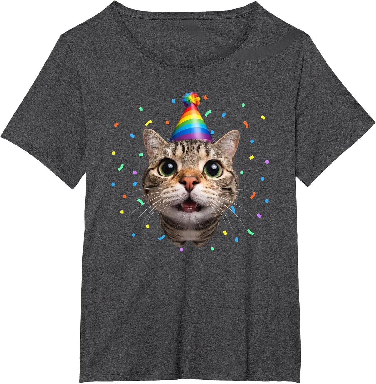 Funny Tabby Cat Face Rainbow Party Hat Cute Birthday Kitty T-Shirt - Dark Heather Grey