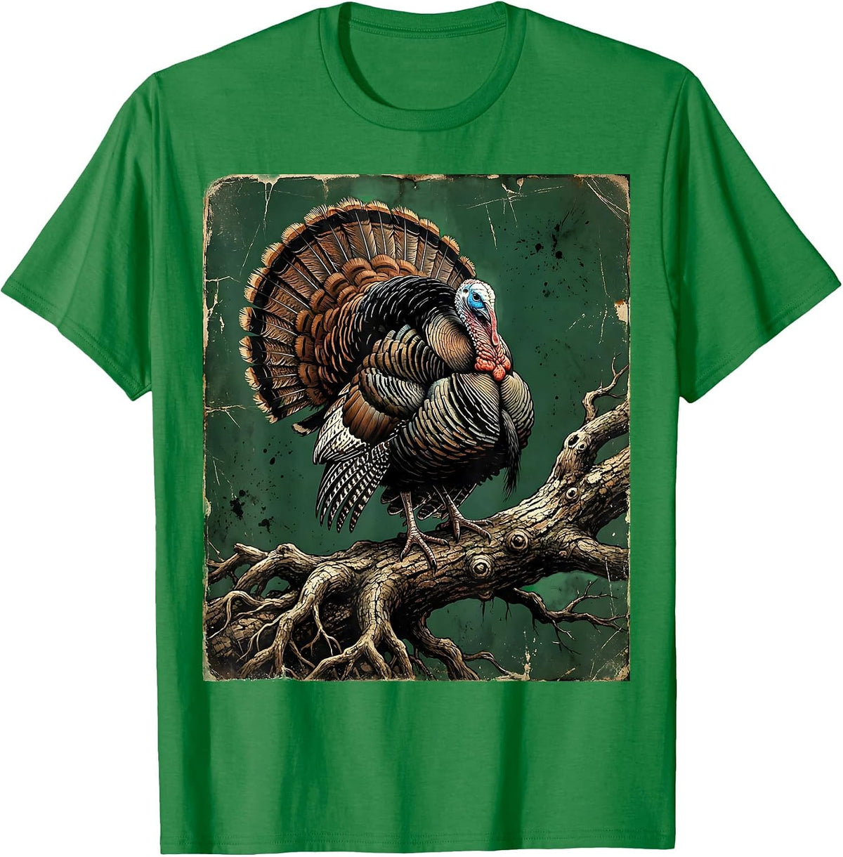 Men's Wild Turkey Perched on Gnarled Oak Branch T-Shirt - Kelly Green