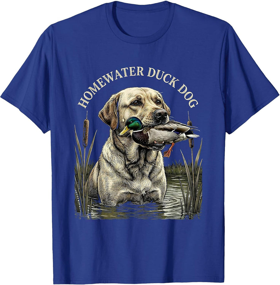 Homewater Duck Dog Woodcut Labrador Hunting Dog Rural Pride T-Shirt - Royal Blue