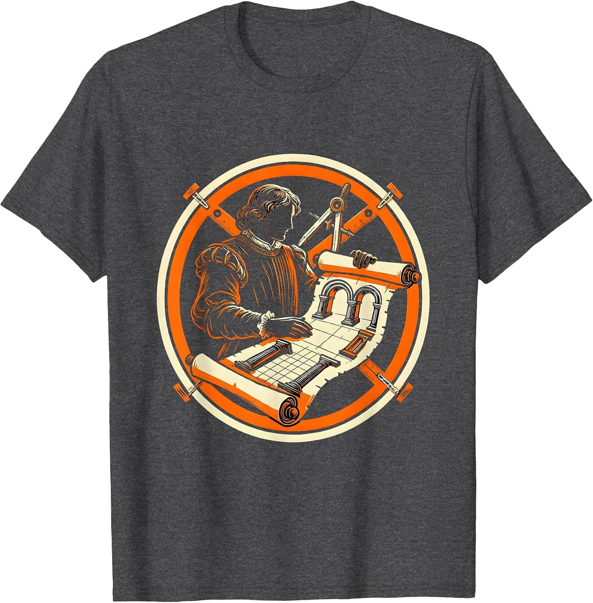 Men's Renaissance Architect Unrolling Blueprint Scroll T-Shirt - Dark Heather Grey
