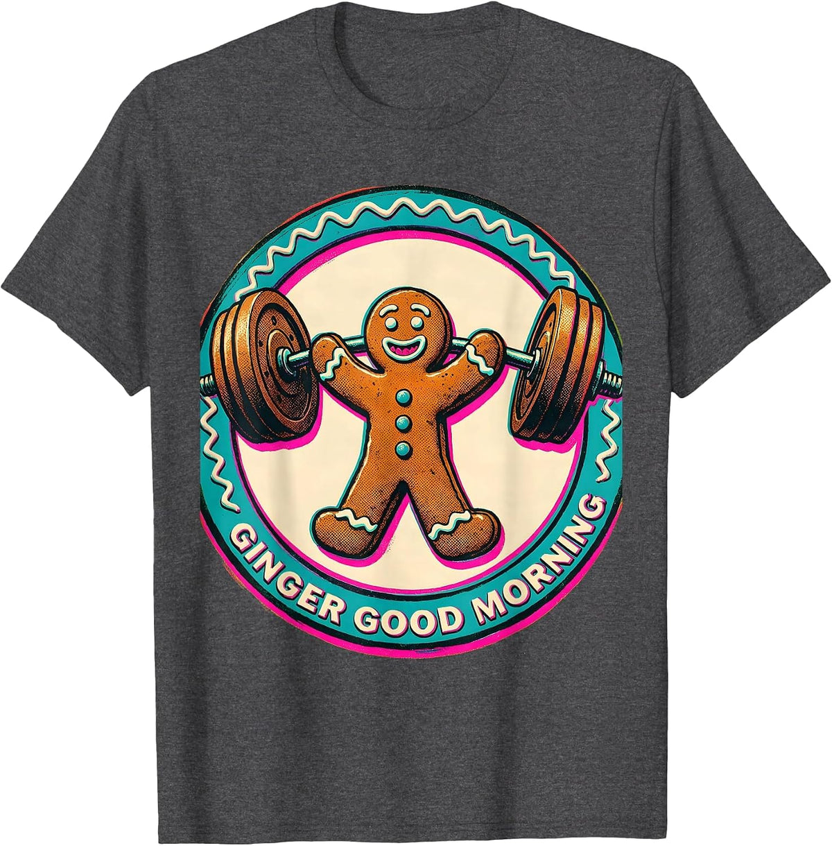 Ginger Good Morning Risograph Funny Gingerbread Man Gym T-Shirt - Dark Heather Grey