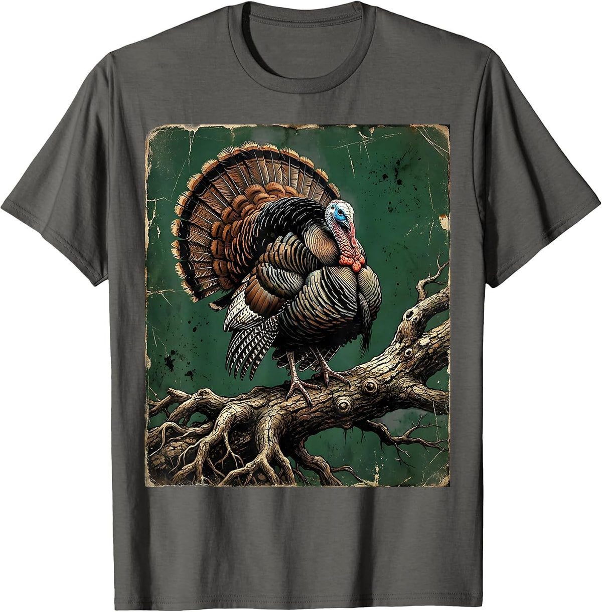 Men's Wild Turkey Perched on Gnarled Oak Branch T-Shirt - Asphalt Grey