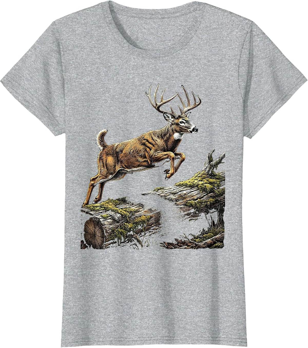 Whitetail Buck Leaping Over Fallen Log Design T-Shirt - Heather Grey