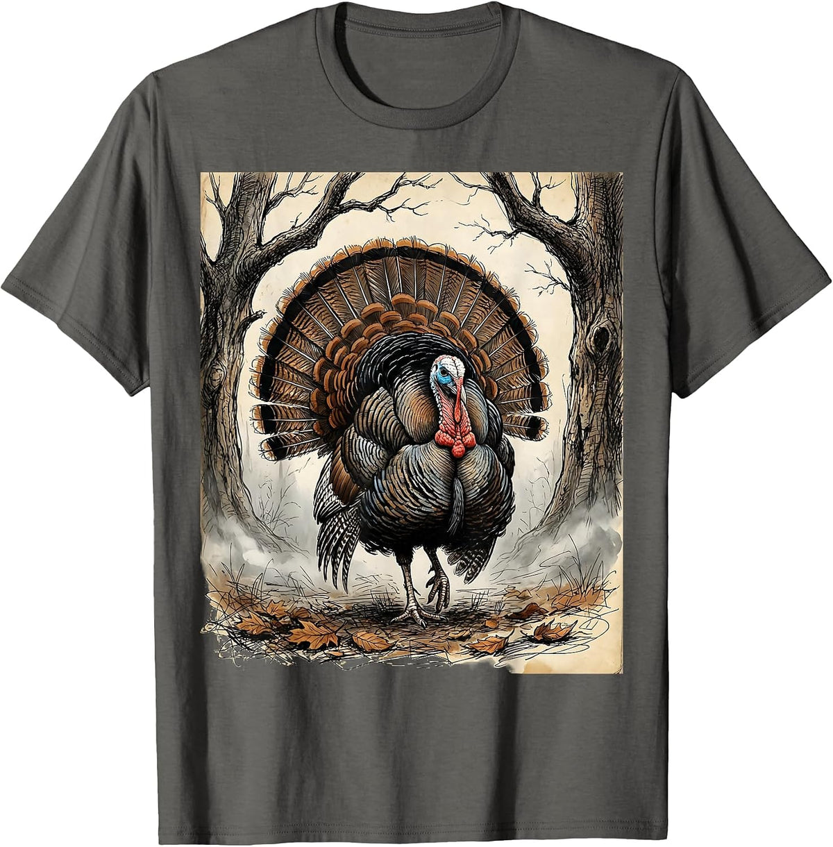 Wild Turkey Misty Morning Forest Thanksgiving T-Shirt - Asphalt Grey
