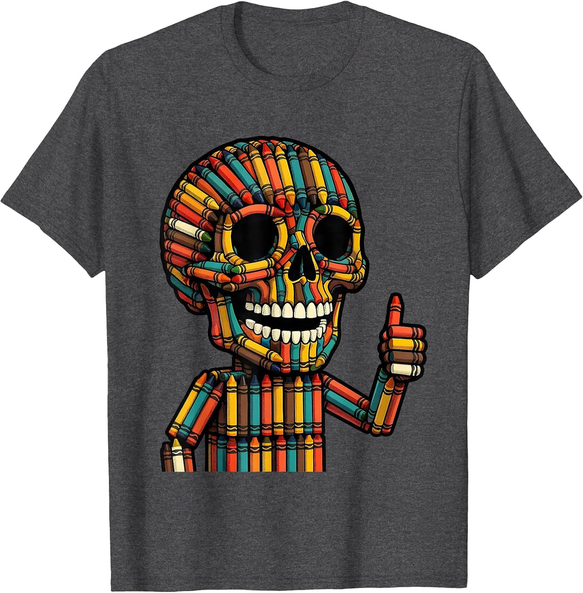 Crayon Skull Colorful Art Illustration T-Shirt - Dark Heather Grey