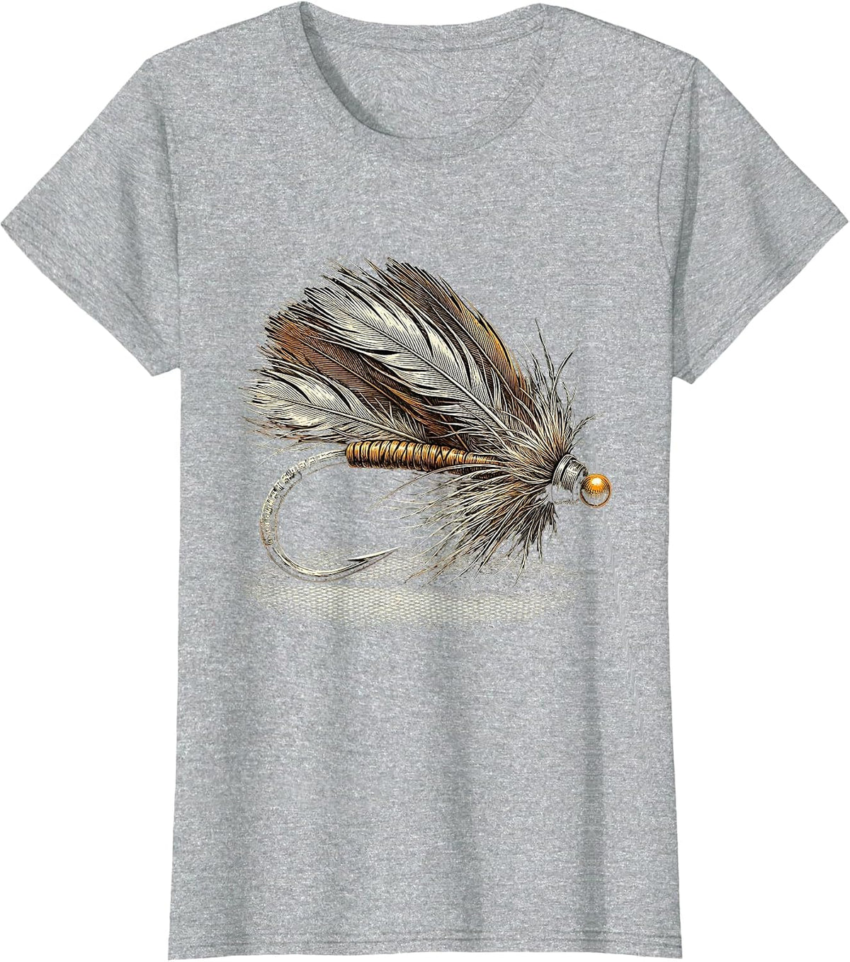 Fly Fishing Lure Feathered Hook Illustration T-Shirt - Heather Grey