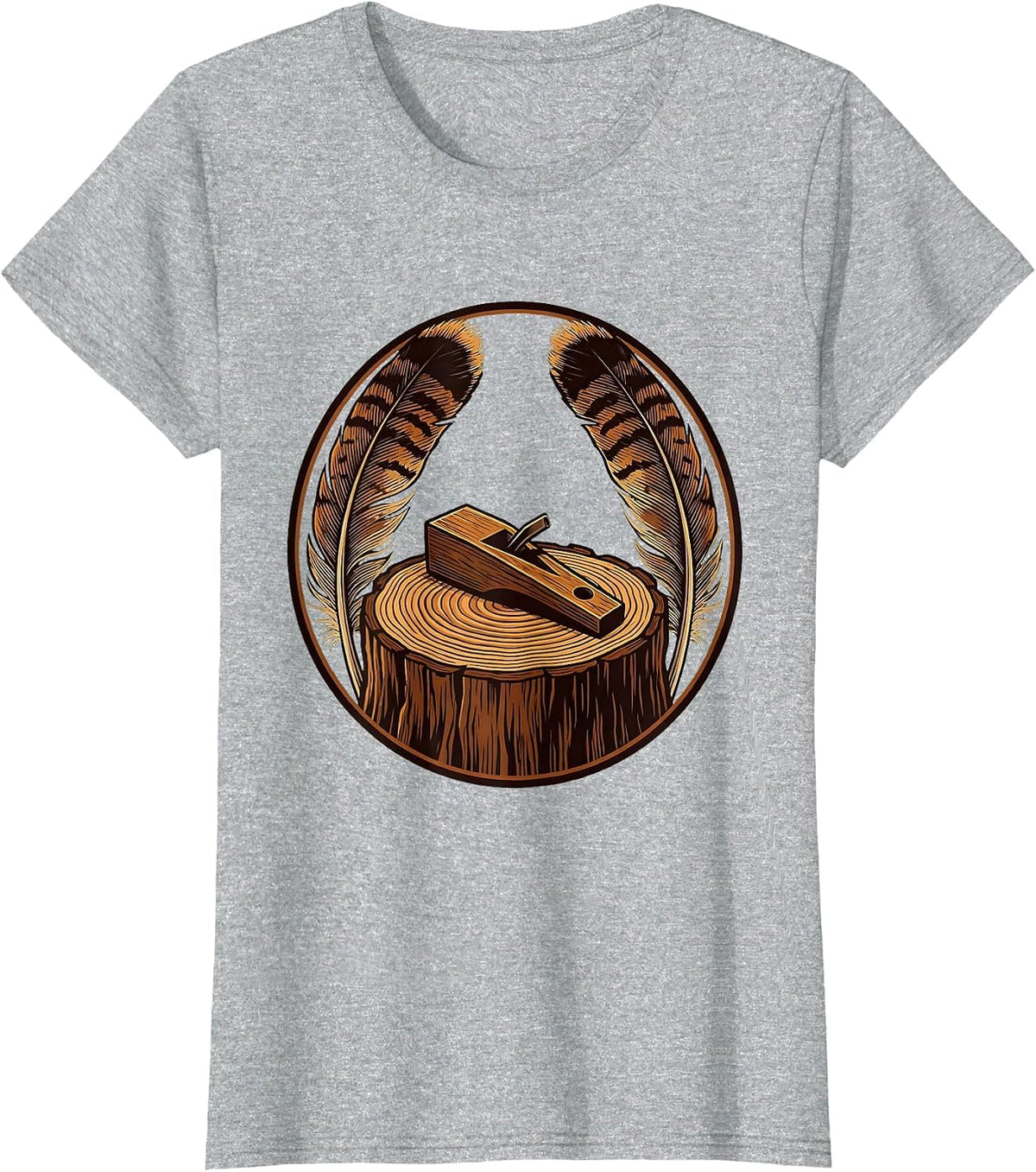 Women's Turkey Call and Feathers on Tree Stump Illustration T-Shirt - Heather Grey