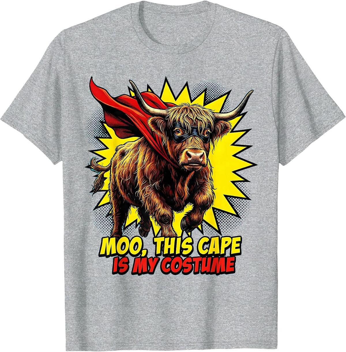 Men's Moo This Cape Is My Costume Pop Art Highland Cow Halloween T-Shirt - Heather Grey