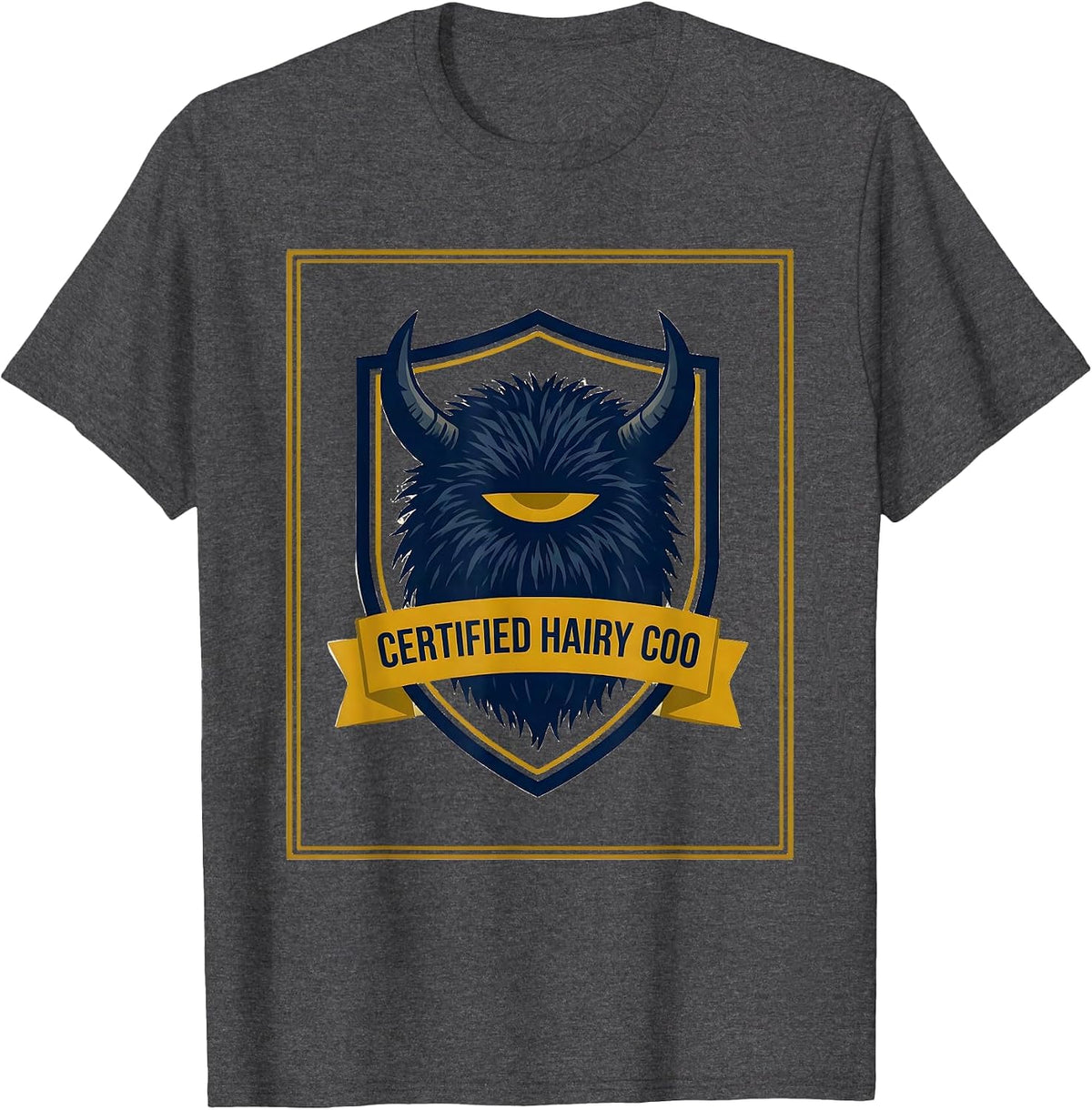 Certified Hairy Coo Funny Highland Cow Emblem Scottish Cow T-Shirt - Dark Heather Grey