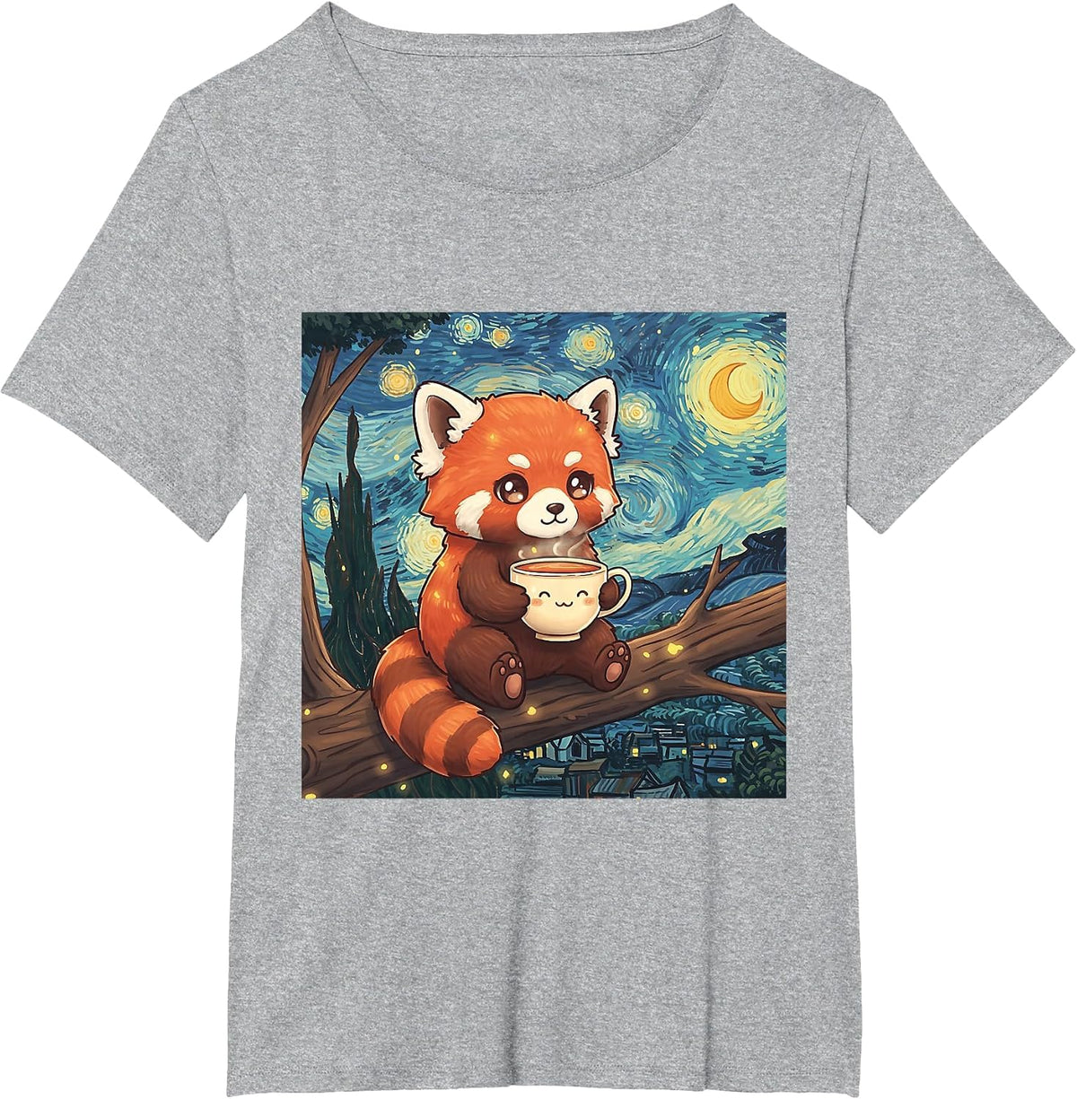 Fluffy Red Panda Holding Tea Cup Van Gogh Starry Night Art T-Shirt - Heather Grey